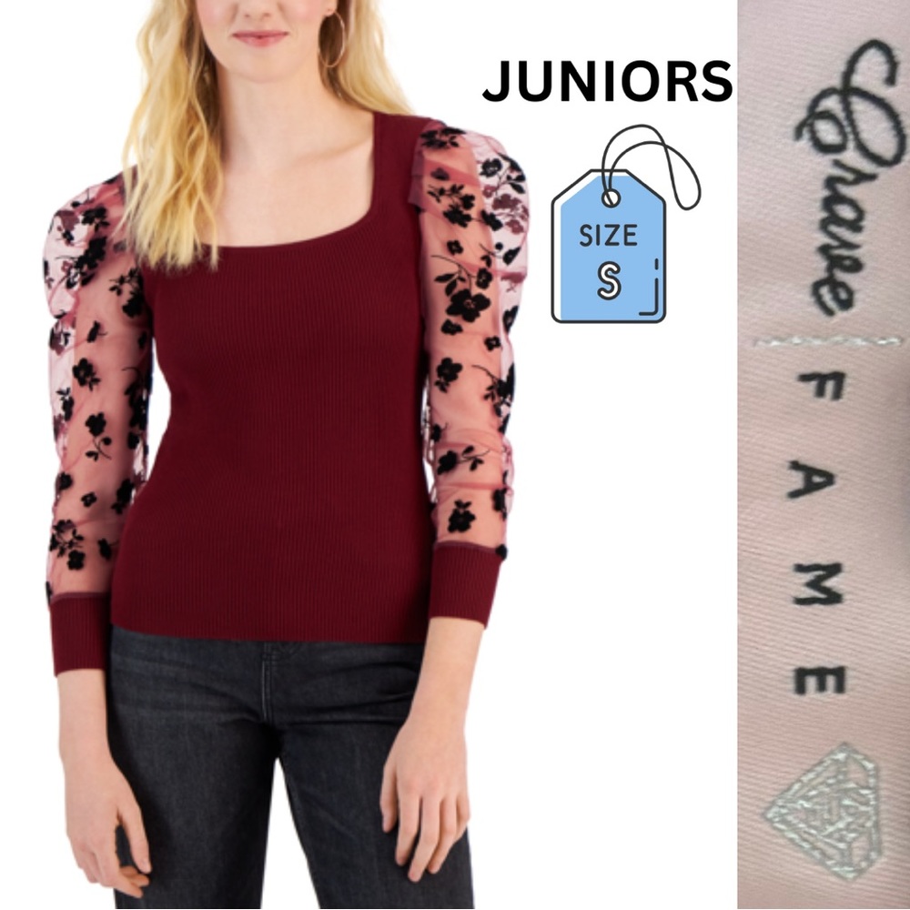 Size Small Crave Fame Juniors' Square-Neck Velvet-Flocked Sweater, 3/4 sleeves